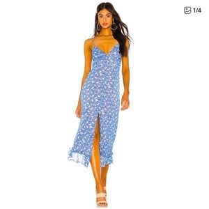 MAJORELLE Blue Floral Quincy Midi Dress with Side Slit